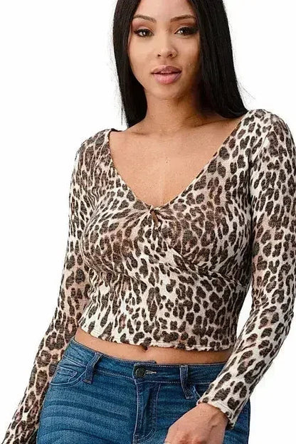 Animal Print Crop Top - Ruched Long Sleeve Blouse in Grey &amp; Brown | Femstylo