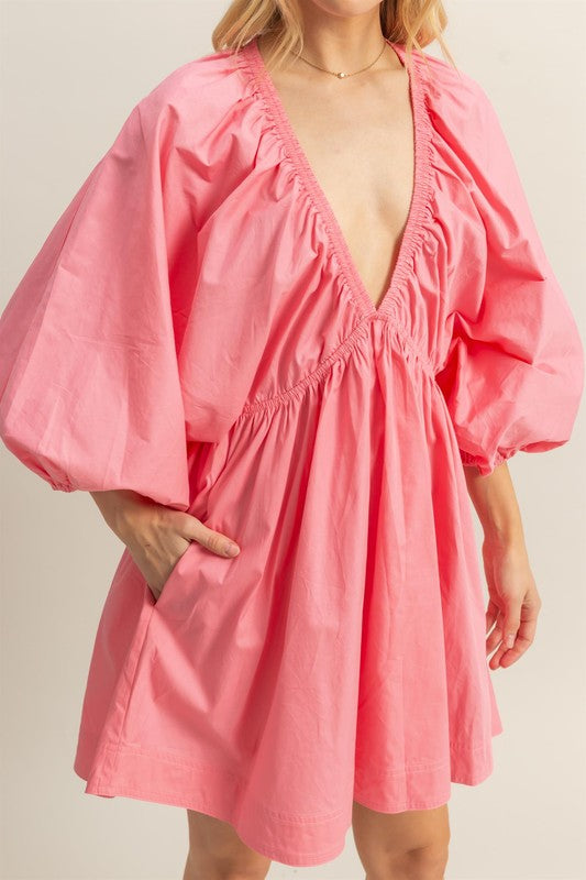 Plunge Balloon Sleeve Poplin Mini Dress with Pockets –Bold, Chic, Sexy and Trendy Plunge Neckline Dress with Balloon Sleeves and Functional Pockets