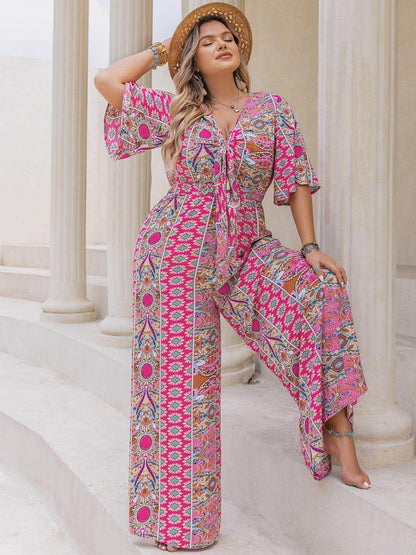 Plus Size Printed Half Sleeve Wide Leg Jumpsuit for Women