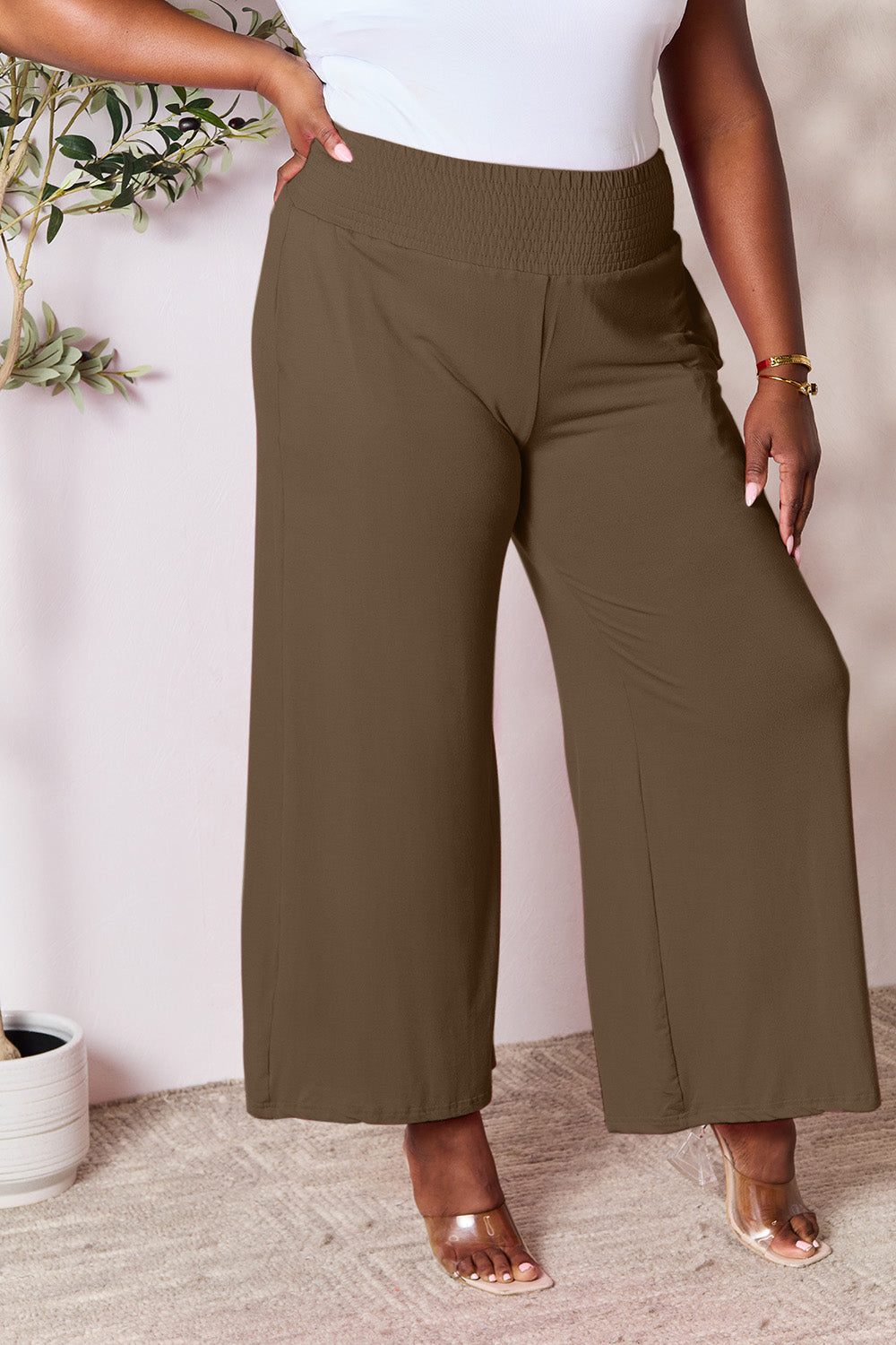 Smocked High-Waist Wide Leg Pants