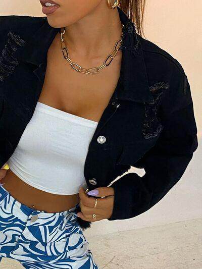 Distressed Collared Neck Long Sleeve Denim Top for Women