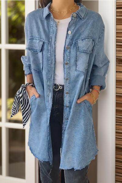 Full Size Pocketed Button Up Long Sleeve Denim Jacket Sale
