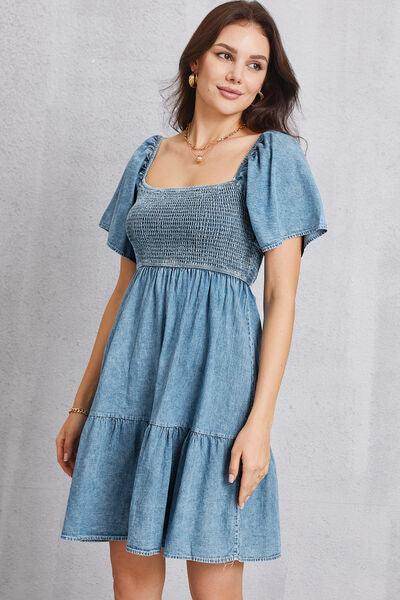 Smocked Square Neck Mini Denim Dress for Women Stylish