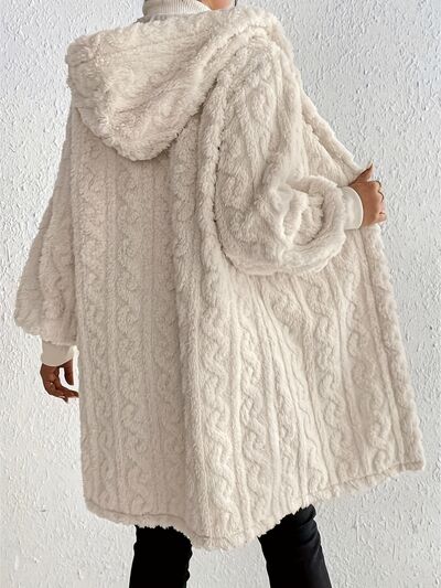 Beige Long Winter Open Front Long Sleeve Fuzzy Hooded Jacket Cozy &amp; Stylish Outerwear