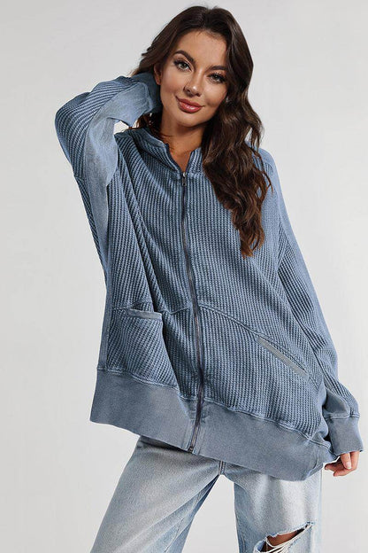 Zip-Up Long Sleeve Jacket with Hood and Pockets for Comfort