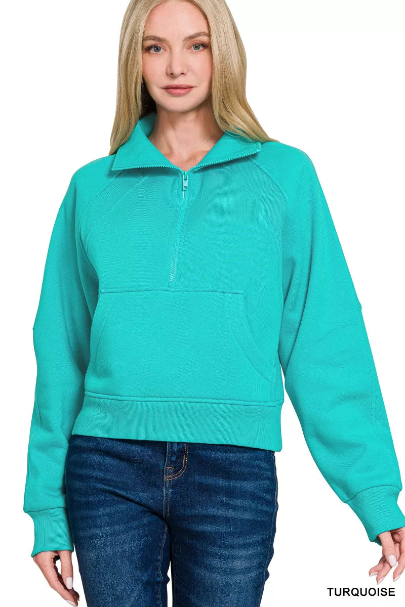 Zenana Fleece Half Zip Kangaroo Pocket Sweatshirts