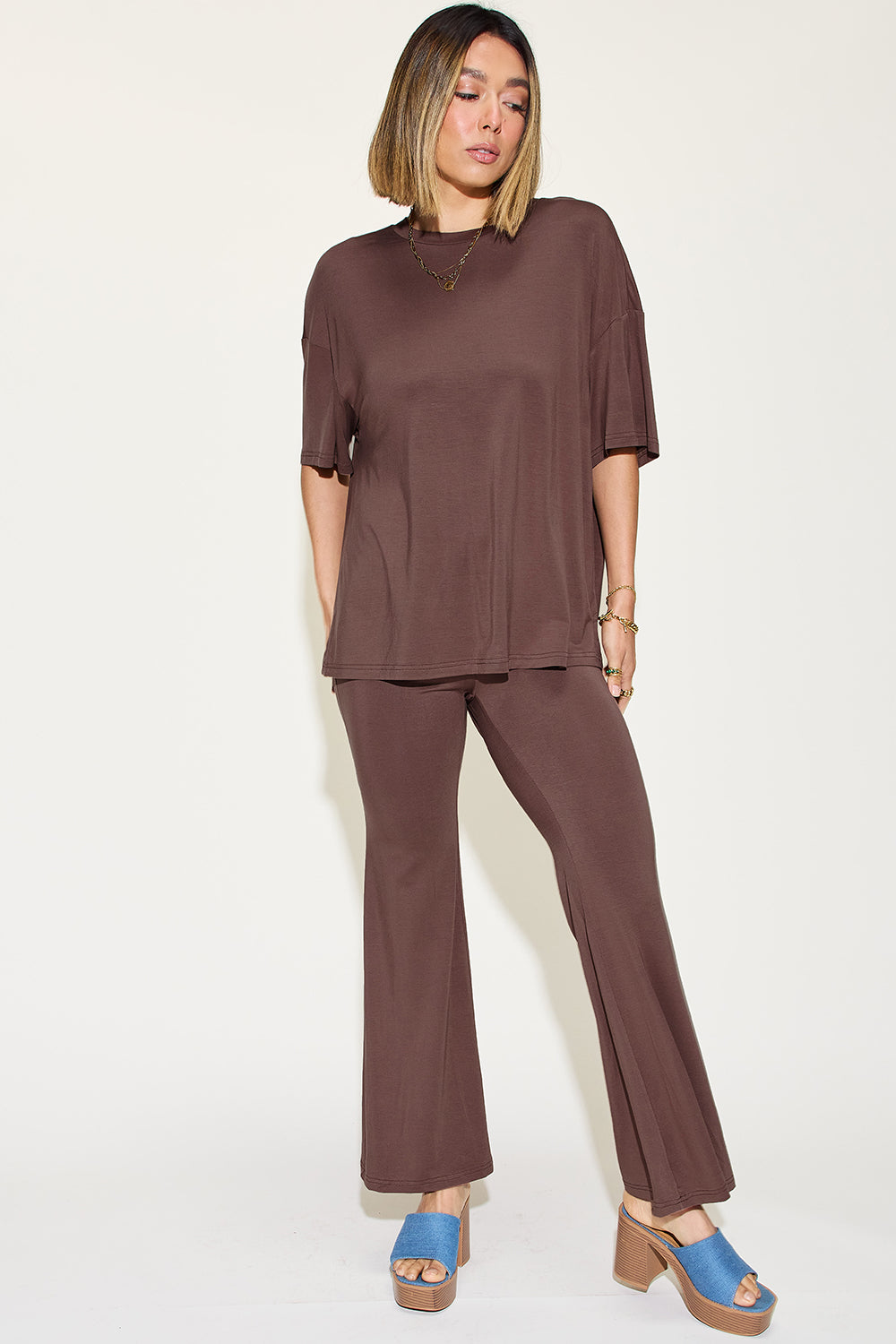 Comfy Bamboo Drop Shoulder Tee &amp; Flare Pants Set