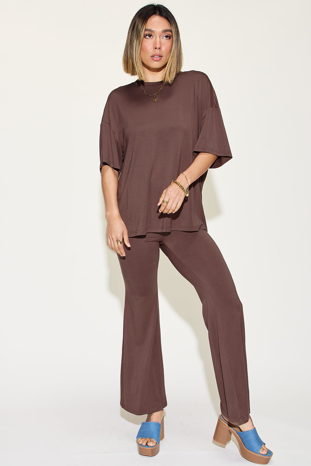 Comfy Bamboo Drop Shoulder Tee &amp; Flare Pants Set
