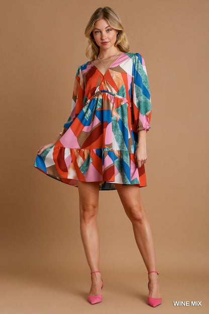 Umgee Abstract V-Neck Tiered Printed Dress