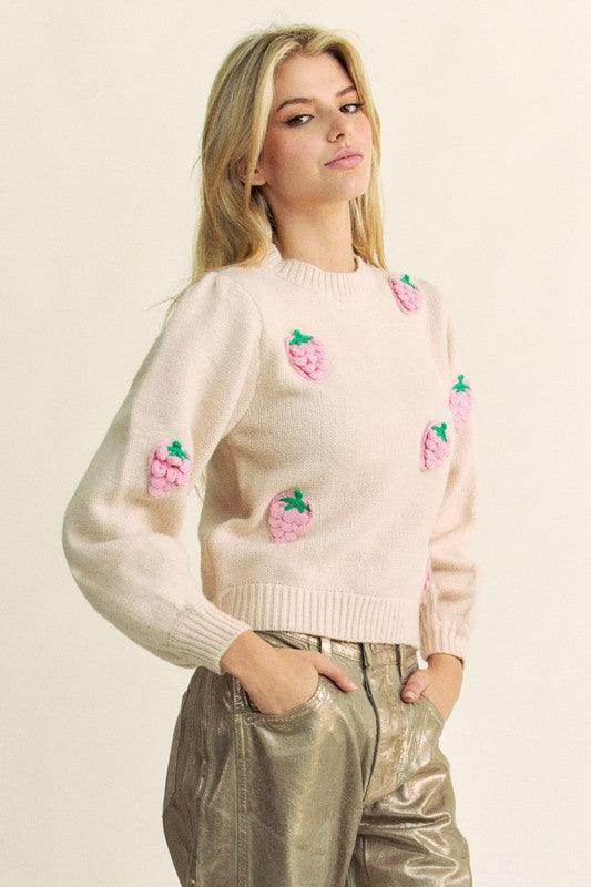 Davi &amp; Dani Crochet Strawberry Round Neck Sweater for Women