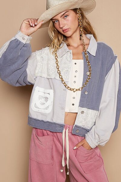 Classic Artistic Crochet Patch Exposed Seam Button Up Jacket Chic &amp; Edgy Outerwear