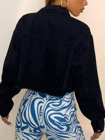 Distressed Collared Neck Long Sleeve Denim Top for Women