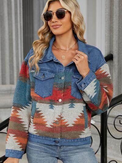 Geometric Button Up Long Sleeve Denim Jacket for Women