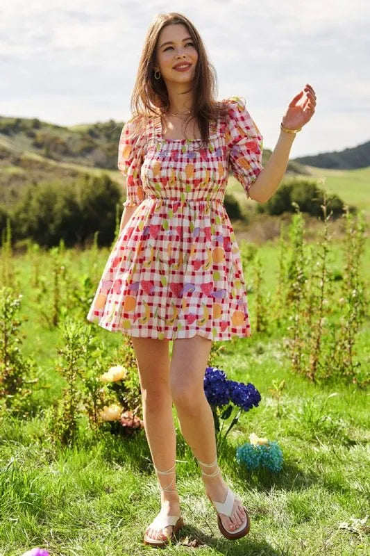 Davi &amp; Dani Fruits Printed Smocking Mini Dress
