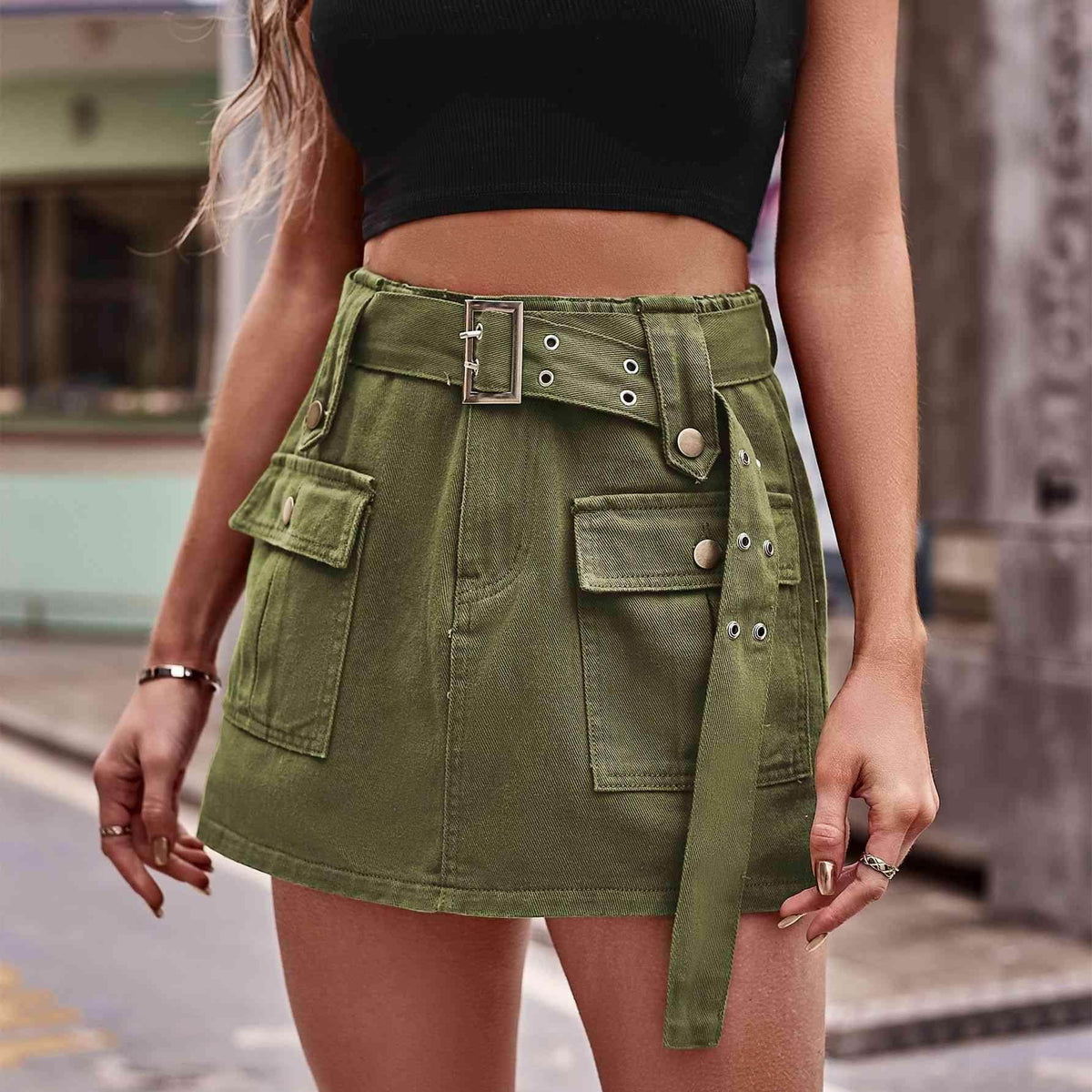 Belted Denim Shorts with Pockets for Casual Style