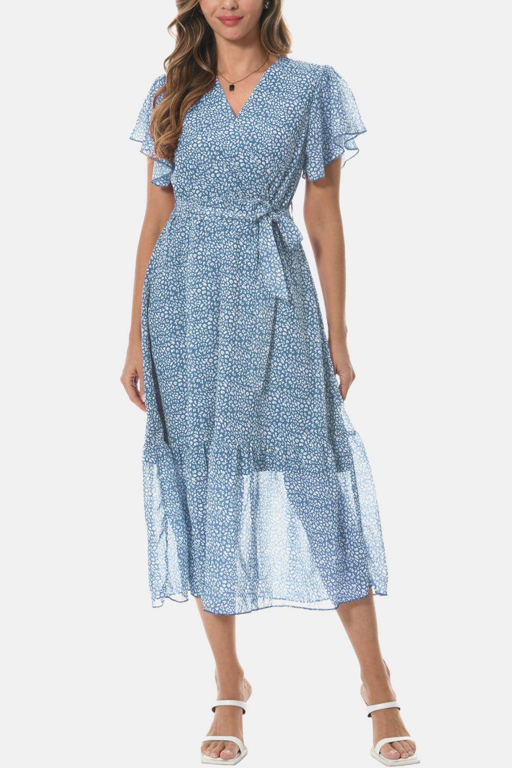 Surplice Neck Flutter Sleeve Tied Dress for Chic Style
