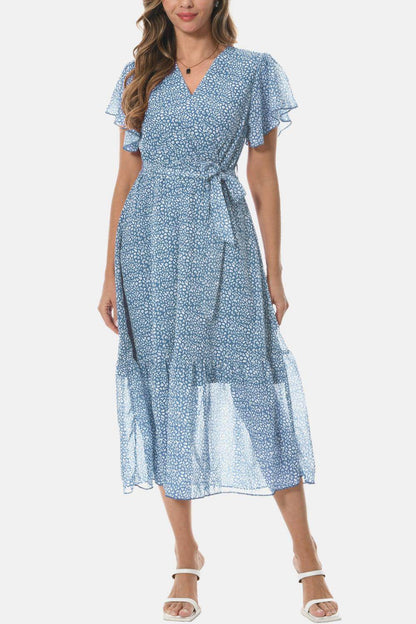 Surplice Neck Flutter Sleeve Tied Dress for Chic Style