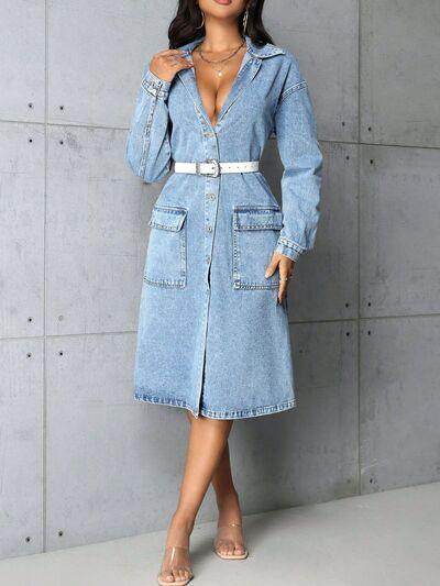 Pocketed Button Up Collared Neck Denim Top for Women