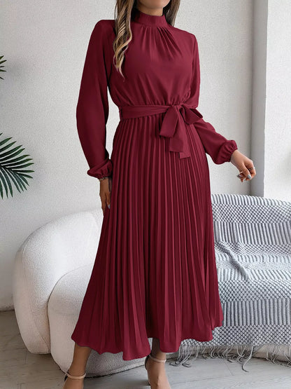 Mock Neck Pleated Midi Dress
