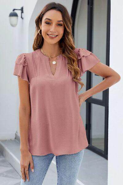 Ruffled Notched Short Sleeve Blouse for Women Fashion