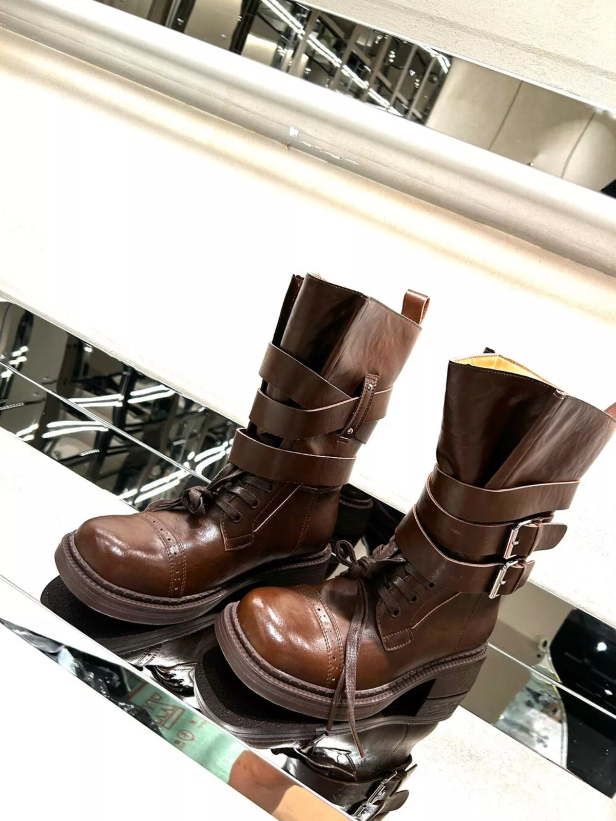 Buckled Leather Block Heel Boots