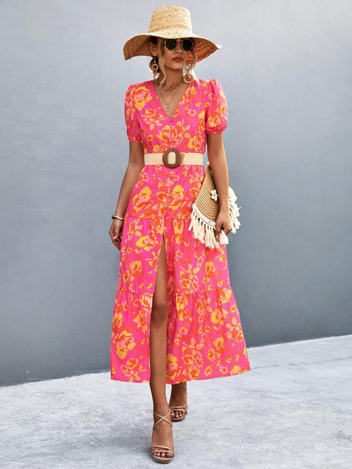 V-Neck Short Sleeve High Slit Midi Dress for Chic Style