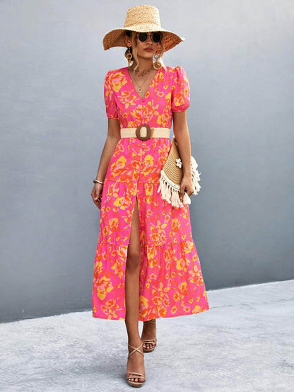V-Neck Short Sleeve High Slit Midi Dress for Chic Style