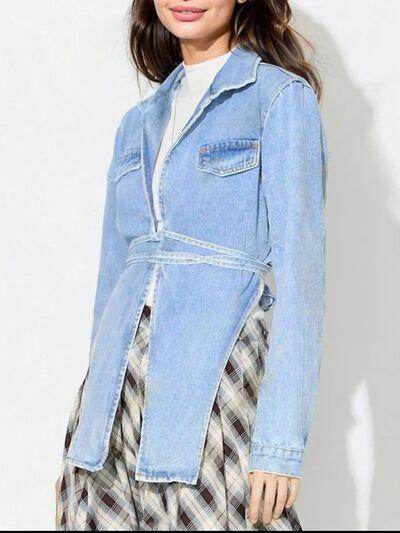 Asymmetric Slit Collared Neck Long Denim Top for Women