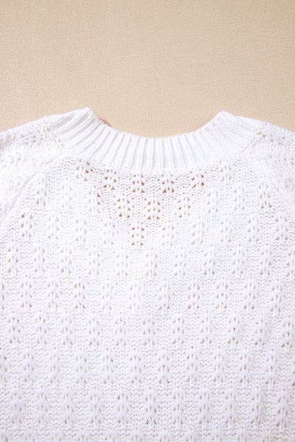 White Plain Knit Ribbed Edge V Neck Loose Sweater - Femstylo