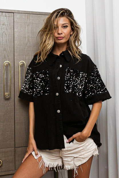 BiBi Sequin Detail Raw Hem Short Sleeve Shirt for Women
