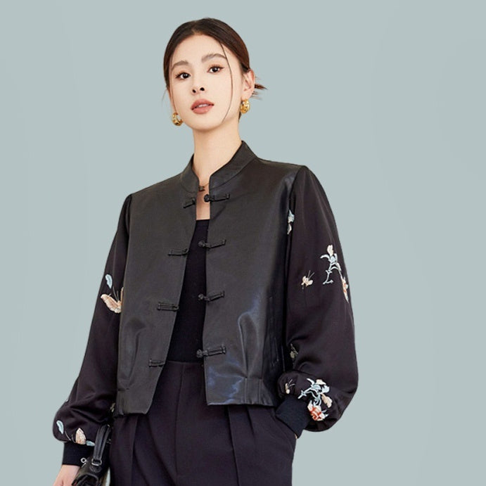 New Chinese Style Stitching Leather Coat Women&