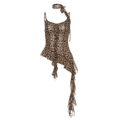 Womens Leopard-Print Edgy Fringe-Design Tank Top