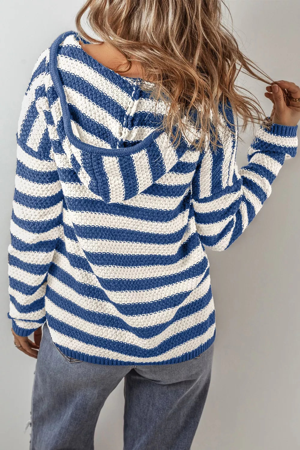 Stripe V Neck Pocketed Drawstring Hooded Sweater