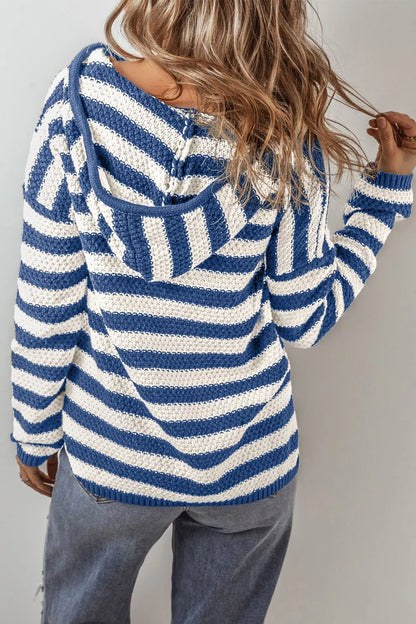 Stripe V Neck Pocketed Drawstring Hooded Sweater