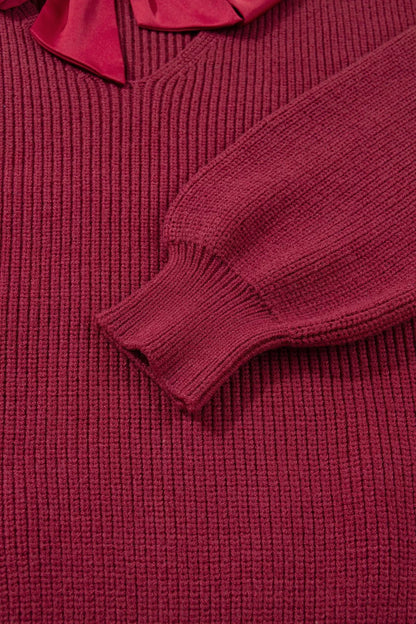 Ribbed Knit Ribbon Knot Backless Drop Shoulder Sweater