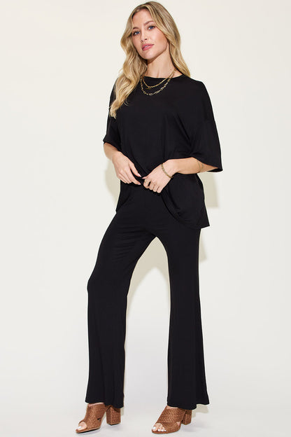 Comfy Bamboo Drop Shoulder Tee &amp; Flare Pants Set