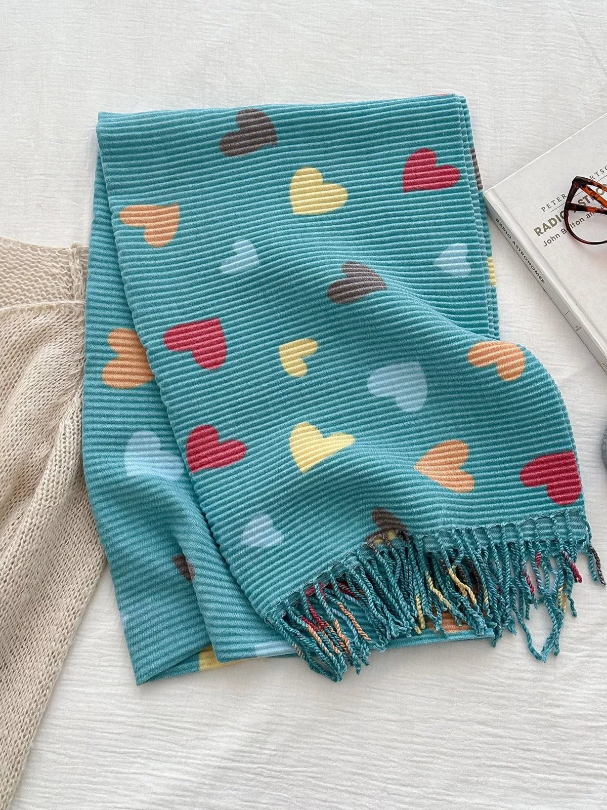 Heart Patterned Tassel Scarf