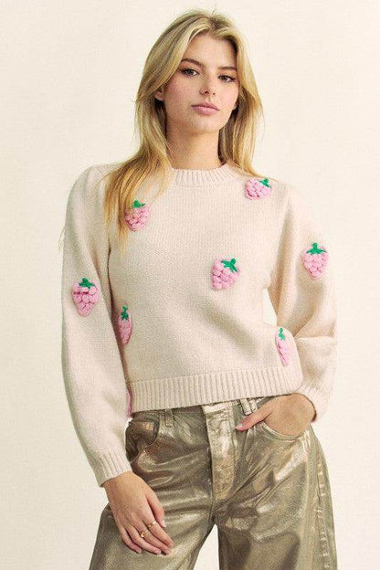 Davi &amp; Dani Crochet Strawberry Round Neck Sweater for Women