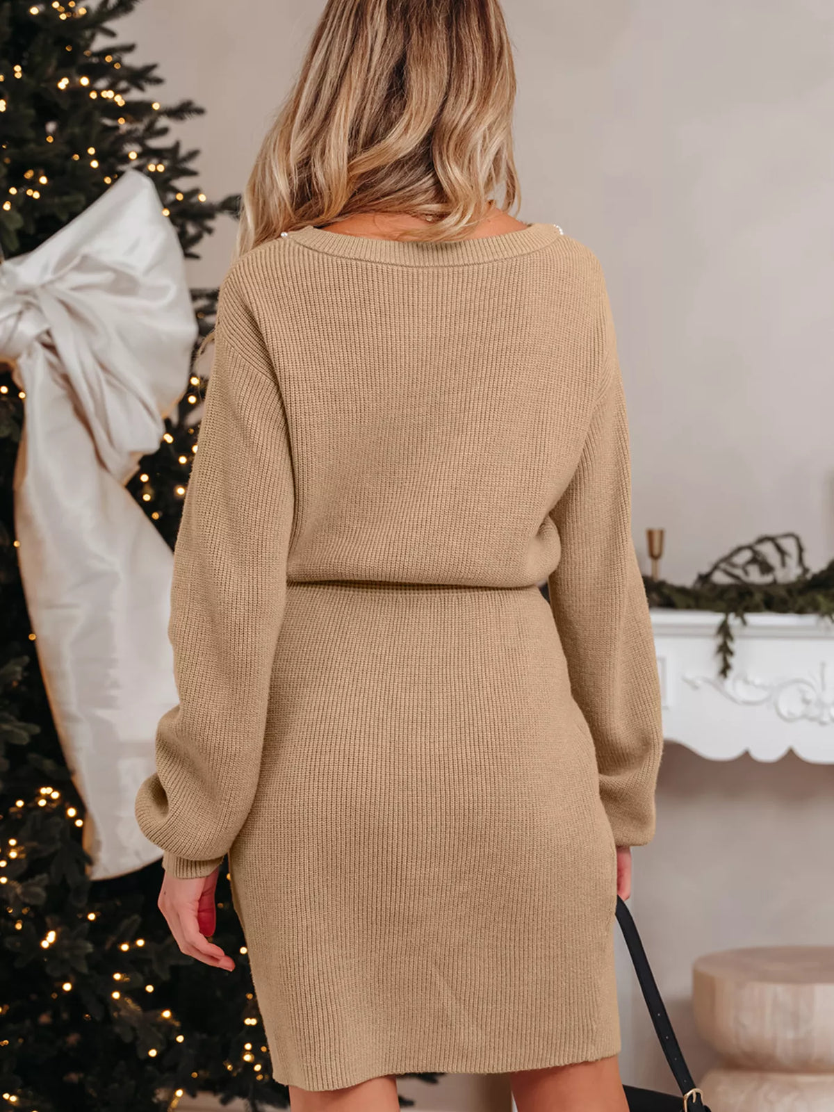 Pearl Embellished Keyhole Ribbed Sweater Dress