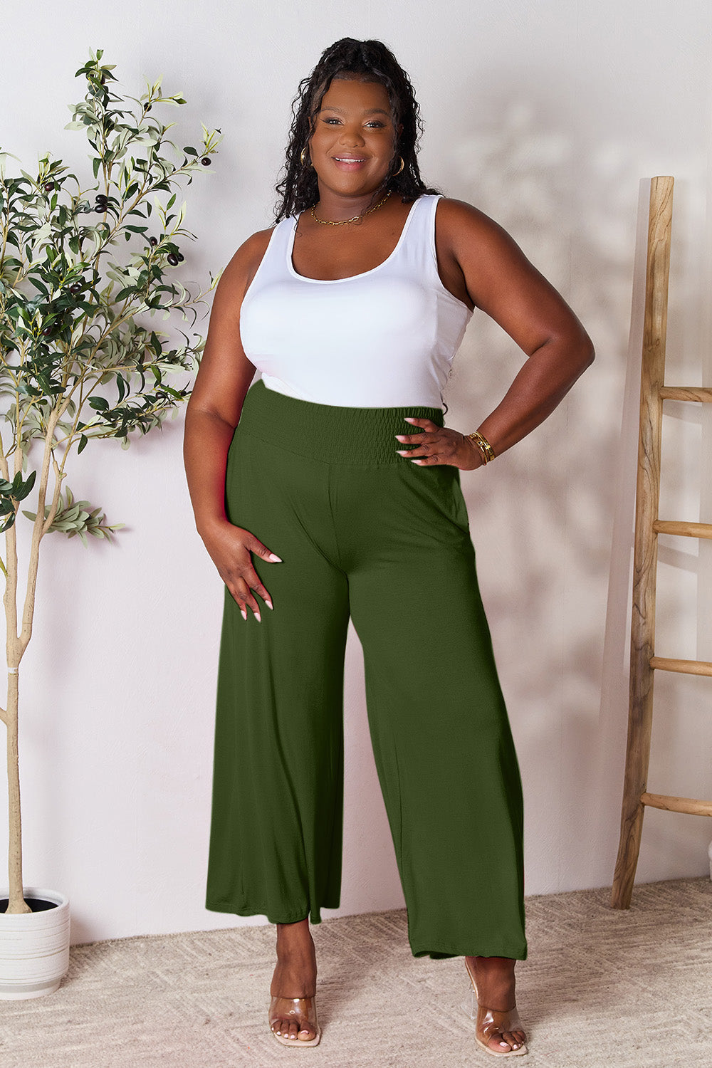 Smocked High-Waist Wide Leg Pants
