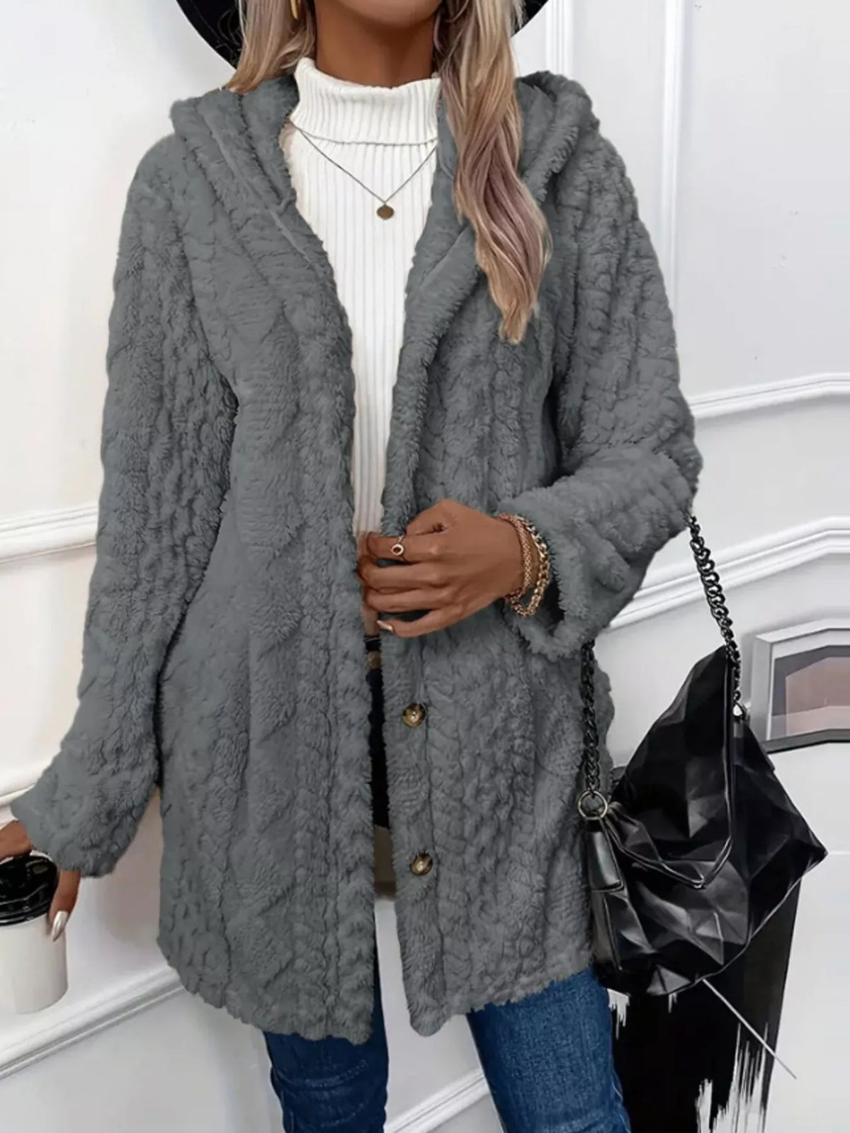 Full Size Button-Down Hooded Outerwear Plus Size