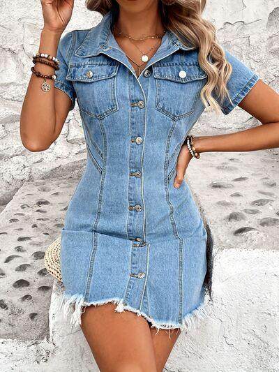 Raw Hem Button Up Short Sleeve Denim Dress for Women