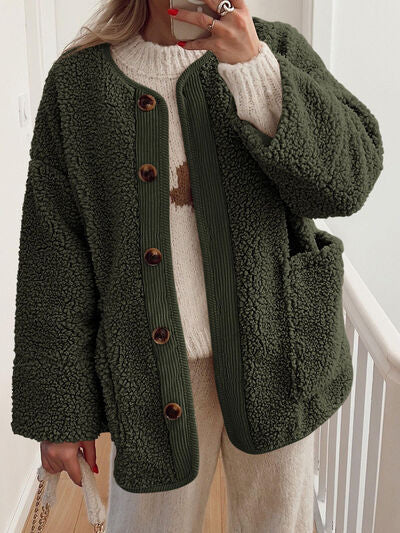 Modern Cozy Women Luxuriously Cozy Contrast Button Up Sherpa Jacket with Pockets For Fall &amp; Winter