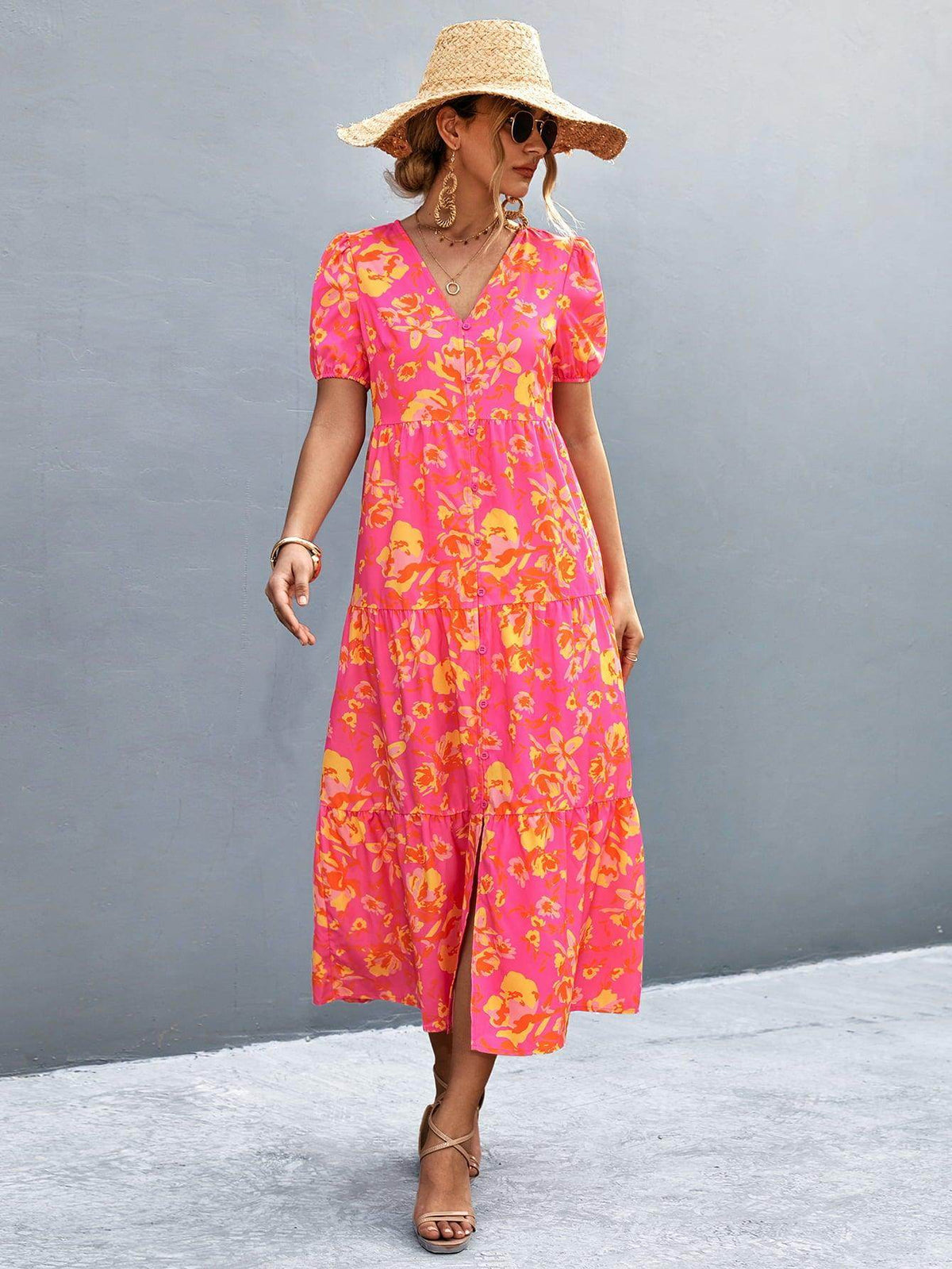 V-Neck Short Sleeve High Slit Midi Dress for Chic Style