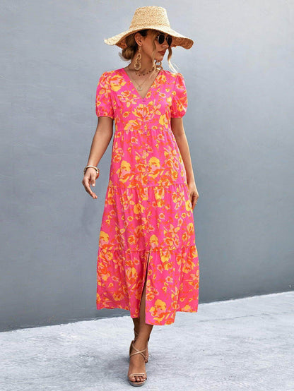 V-Neck Short Sleeve High Slit Midi Dress for Chic Style