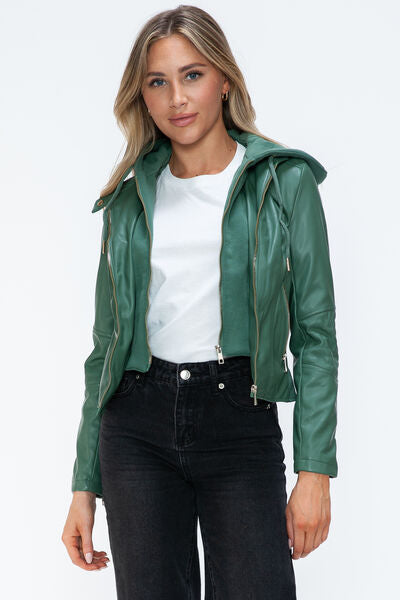 Women Classic Snobbish Faux Leather Zip-Up Drawstring Hooded Jacket Edgy &amp; Casual PU Leather Jacket For Streetwear