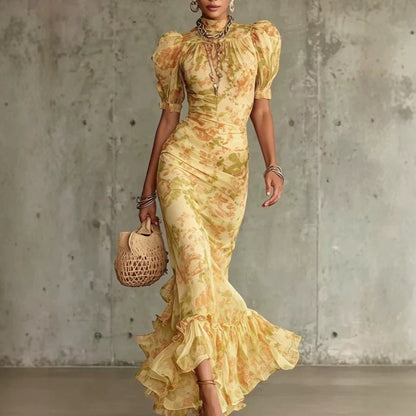 French-style Vintage Chiffon Dress, Summer High-neck Puff Sleeve, Waist-cinching, Slimming, Fishtail, Elegant, Ladylike, Vacation Long Dress