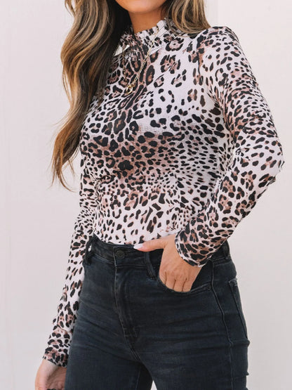 Leopard Print Long Sleeve Mock Neck Bodysuit