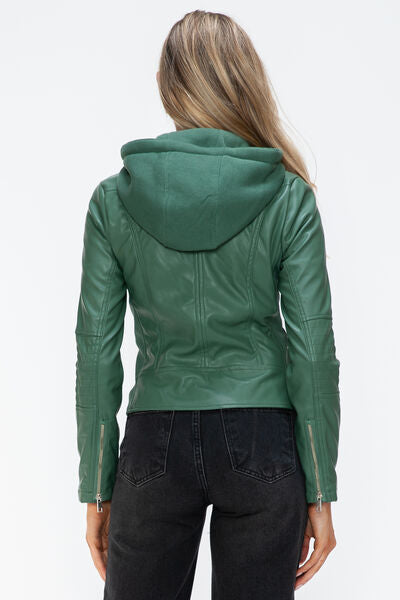 Women Classic Snobbish Faux Leather Zip-Up Drawstring Hooded Jacket Edgy &amp; Casual PU Leather Jacket For Streetwear