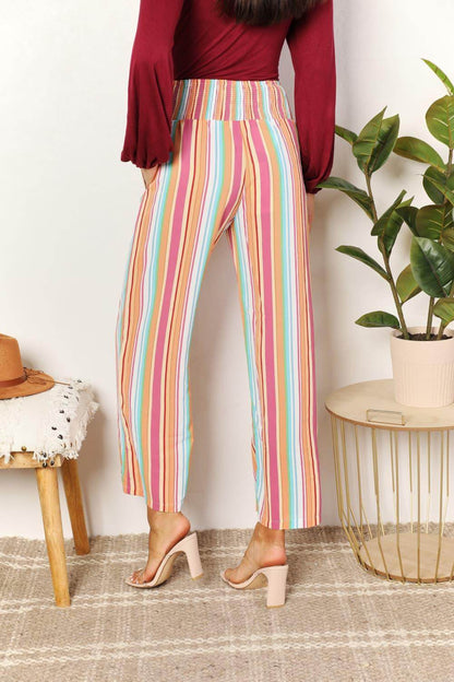 Double Take Striped Smocked Waist Pants with Pockets Stylish
